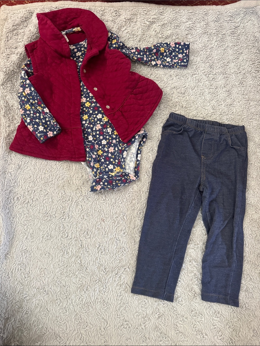 Carter's Girls Floral Bodysuit, Burgundy Quilted Vest & Jeggings Set - 18 months